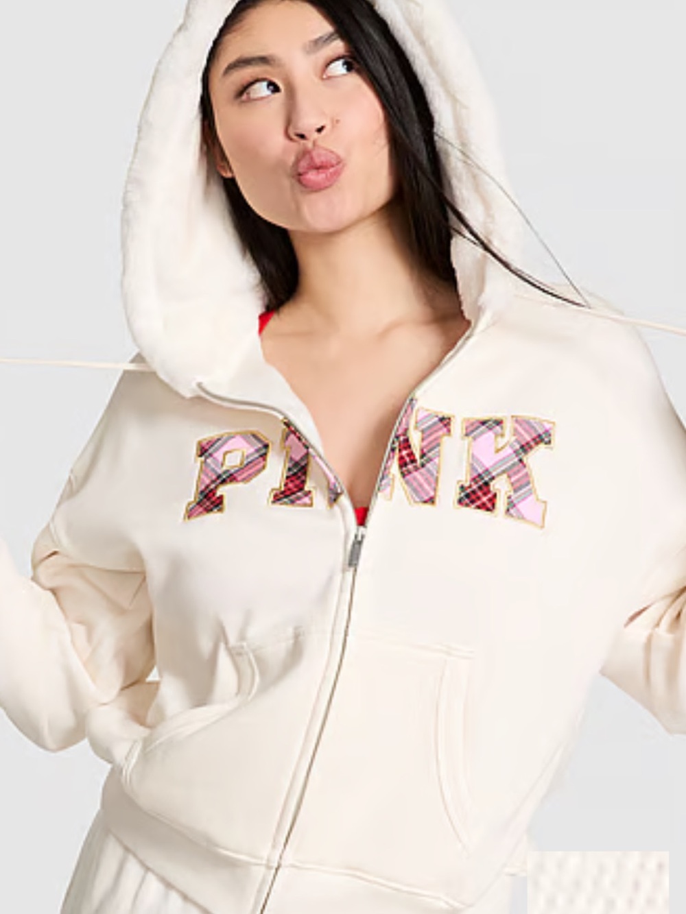 PINK Victoria's Secret Cream Plaid Logo Zip Hoodie